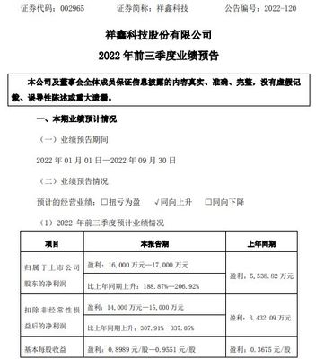 祥鑫科技2022年前三季度预计净利1.6亿-1.7亿同比增长189%-207% 订单量明显增加
